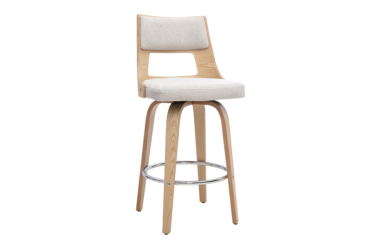 Tabouret de bar scandinave pivotant en tissu effet velours textur� beige et bois clair H69 cm GARBO