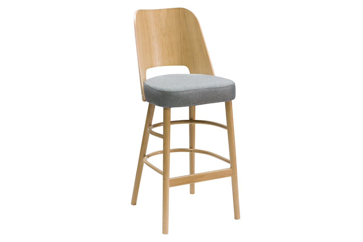 Tabouret de bar vintage bois clair et tissu gris chin H65 cm EDITO