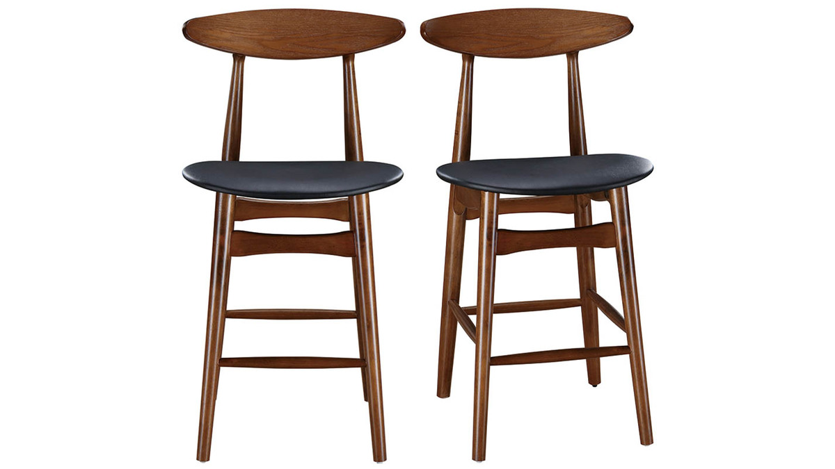 Tabouret de bar vintage noyer et PU noir 65 cm (lot de 2) WALFORD