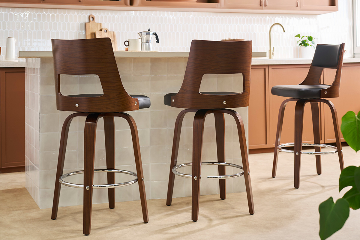 Tabouret de bar vintage pivotant noir et bois fonc� GARBO