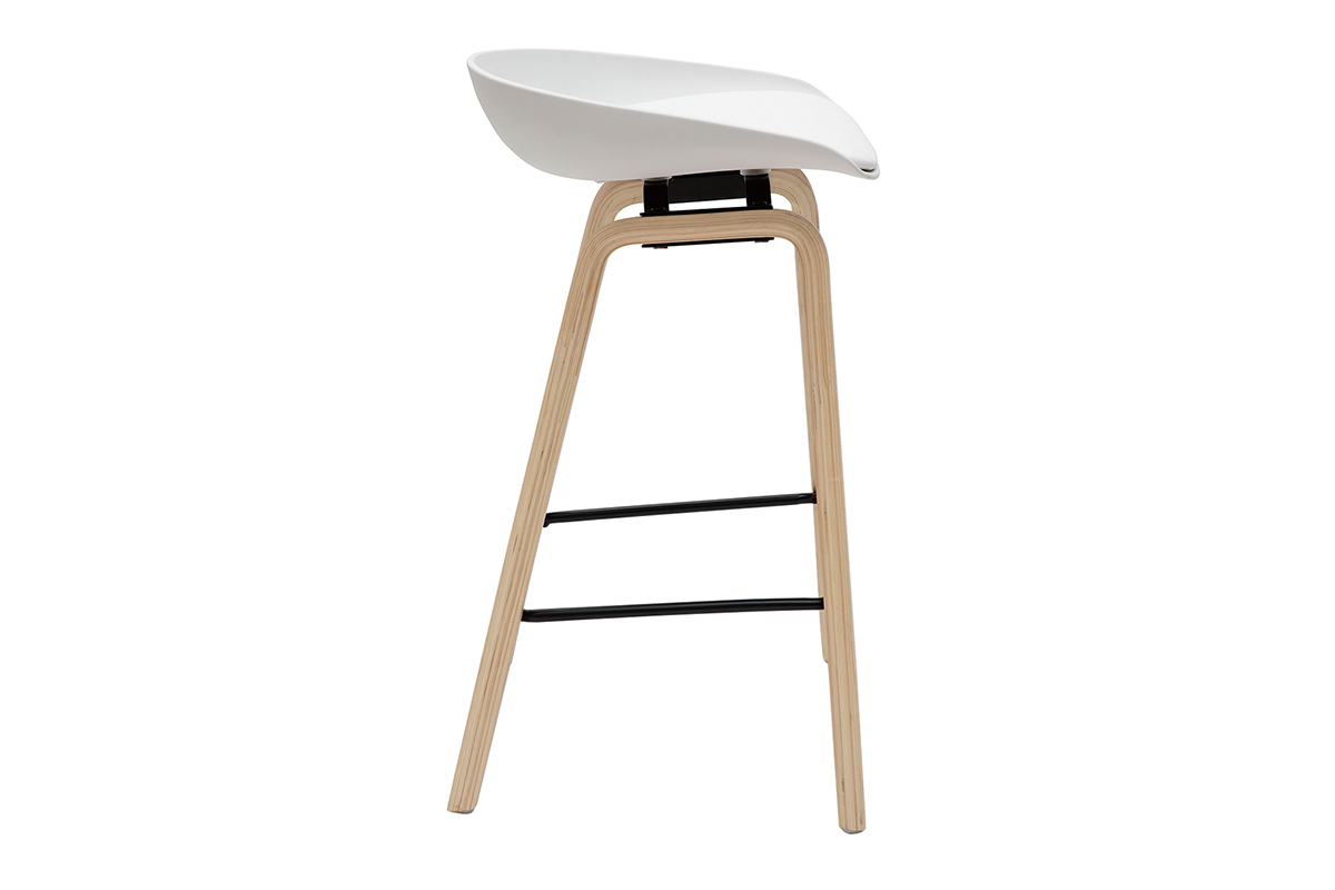 Tabourets de bar blancs et pieds bois H65 cm (lot de 2) LINO