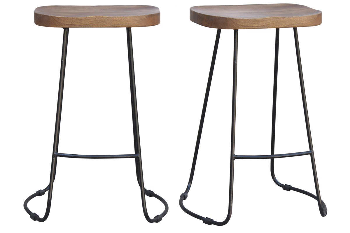 Tabourets de bar bois manguier massif et mtal (lot de 2) RUNKO