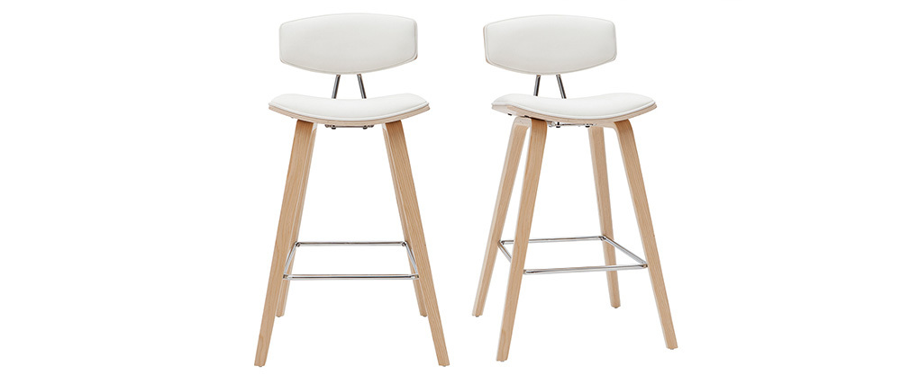 Tabourets de bar design blanc et bois clair H69 cm (lot de 2) VASCO