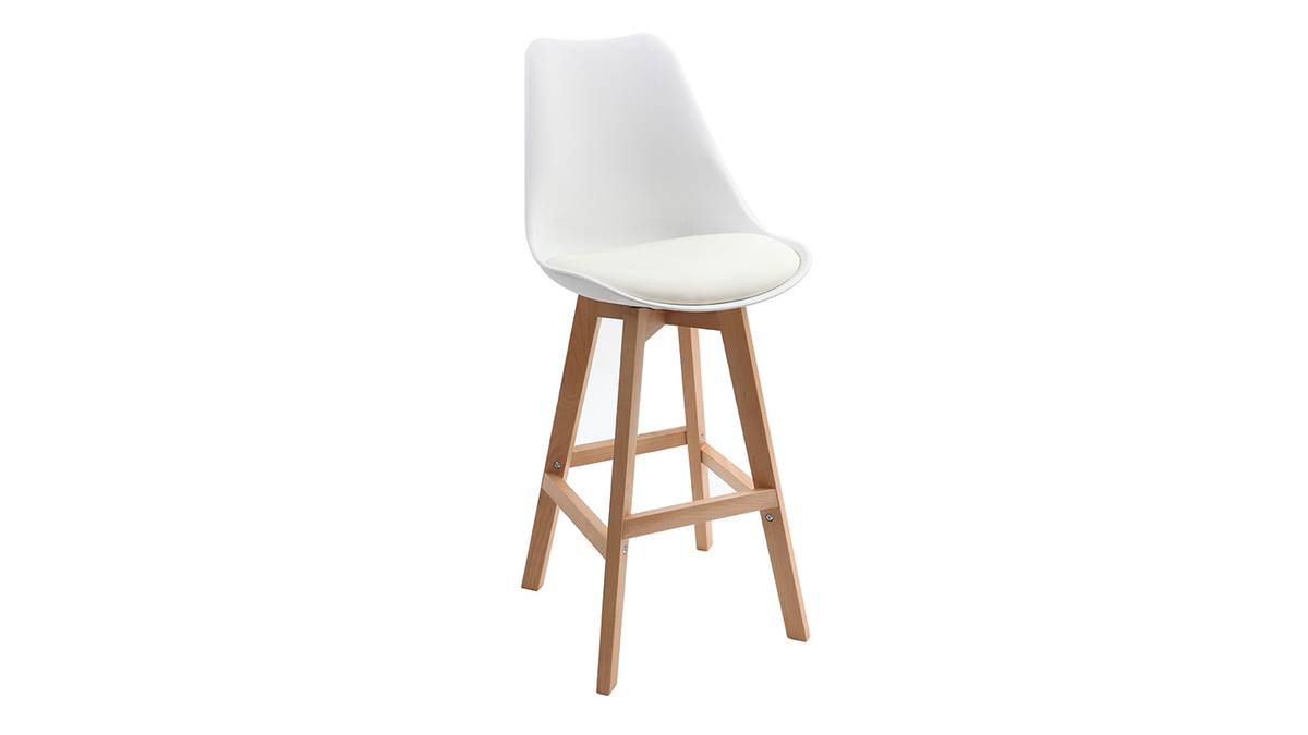 Tabourets de bar design blanc et bois H65 cm (lot de 2) PAULINE