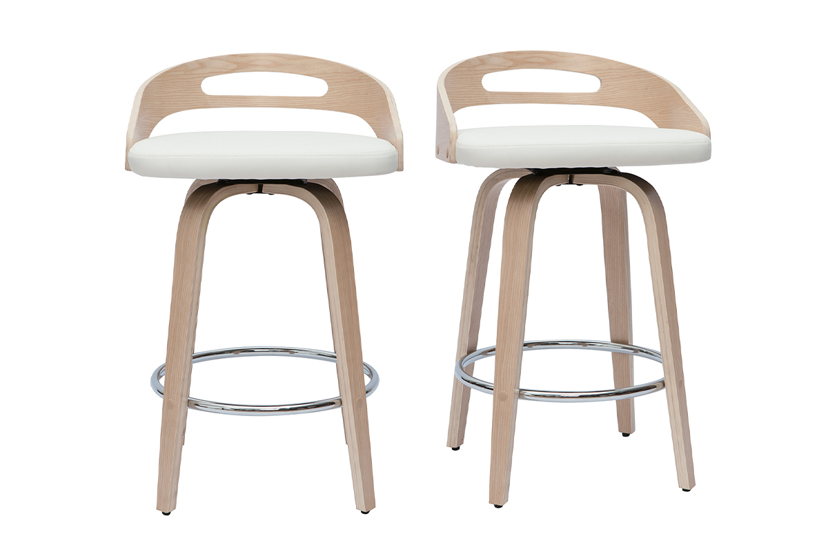 Tabourets de bar design bois clair et polyurthane blanc (lot de 2) MANO