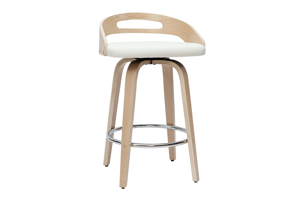 Tabourets de bar design bois clair et polyurthane blanc 65cm pivotant 360 (lot de 2) MANO
