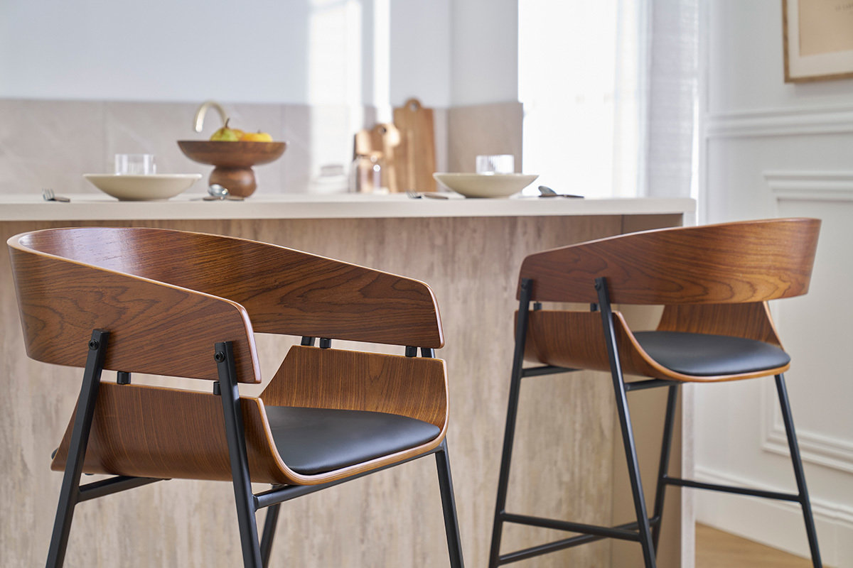 Tabourets de bar design bois fonc et mtal noir (lot de 2) WESS