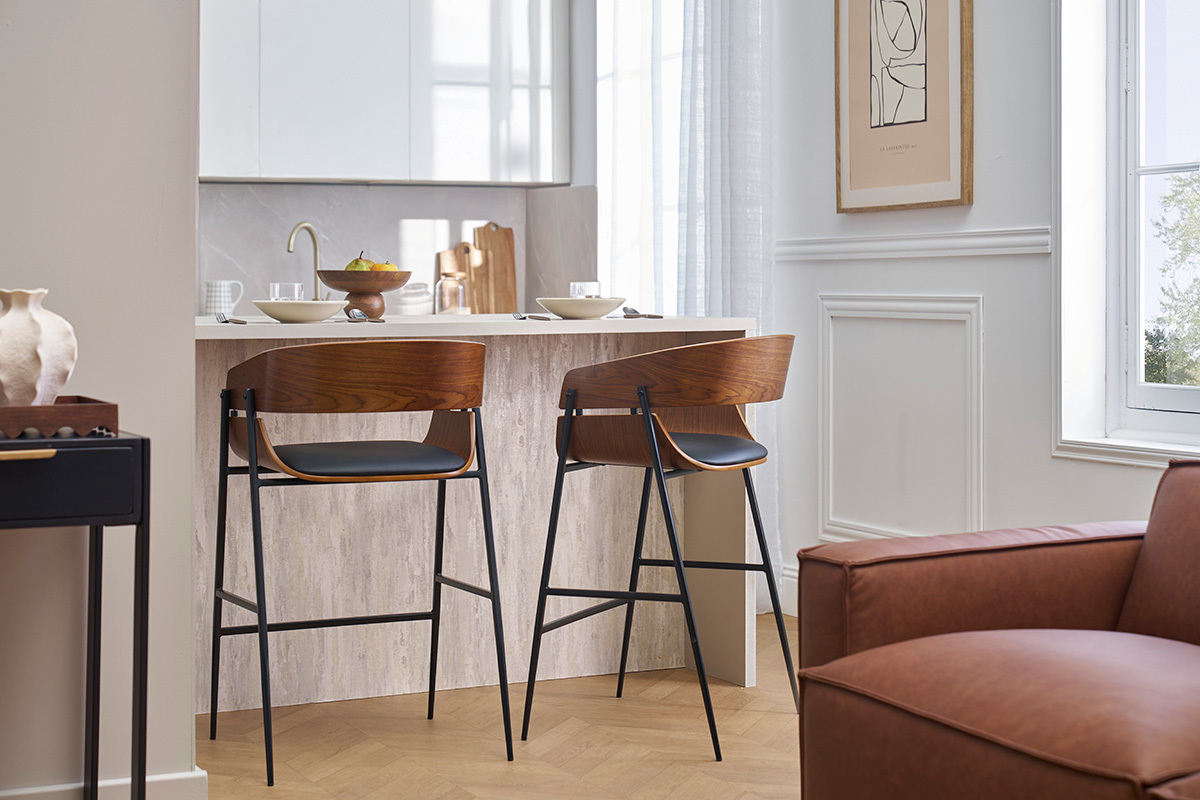 Tabourets de bar design bois fonc et mtal noir (lot de 2) WESS