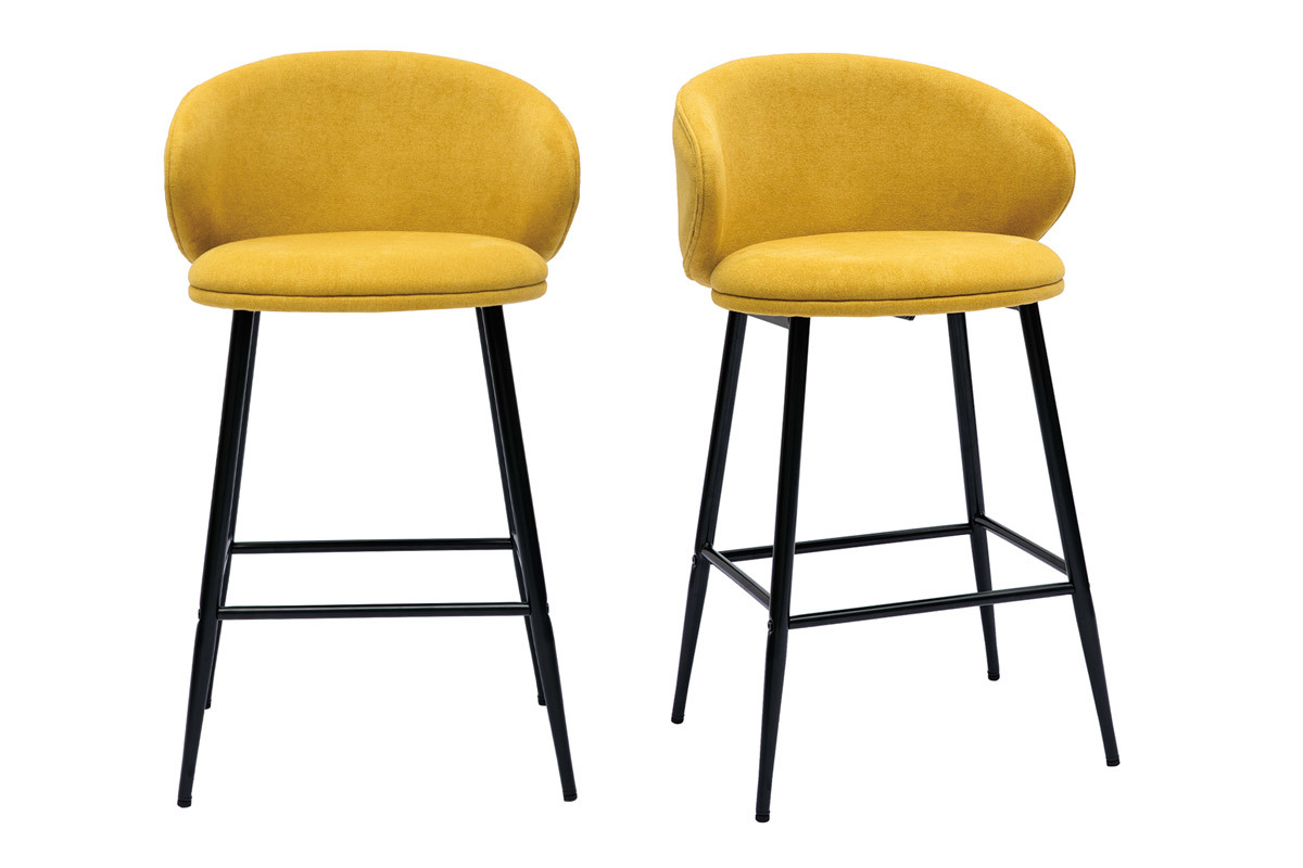 Tabourets de bar design en tissu effet velours jaune moutarde et mtal noir (lot de 2) ROSALIE