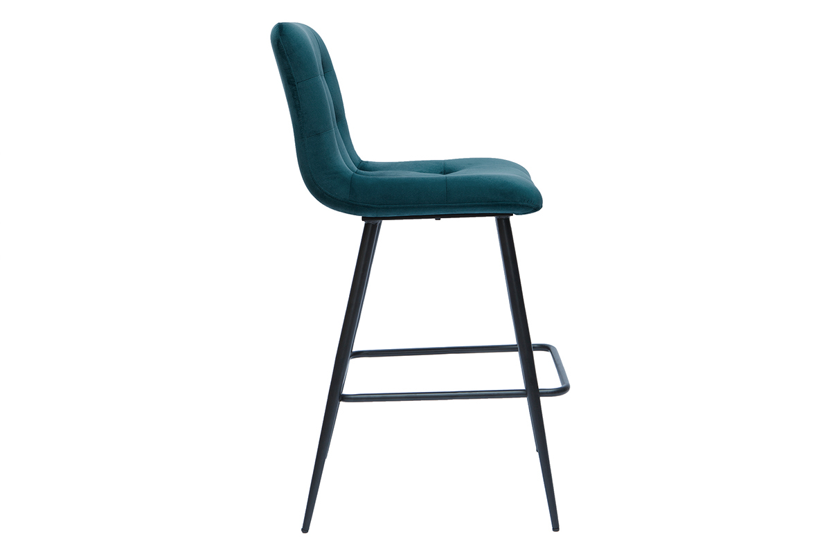 Tabourets de bar design en tissu velours gaufr bleu canard et mtal H65 cm (lot de 2) ESCAPE