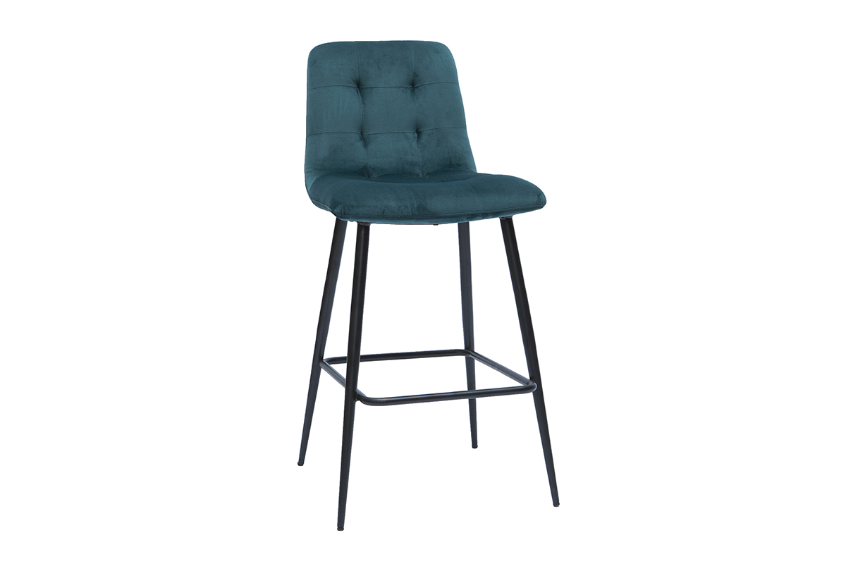 Tabourets de bar design en tissu velours gaufr bleu canard et mtal H65 cm (lot de 2) ESCAPE