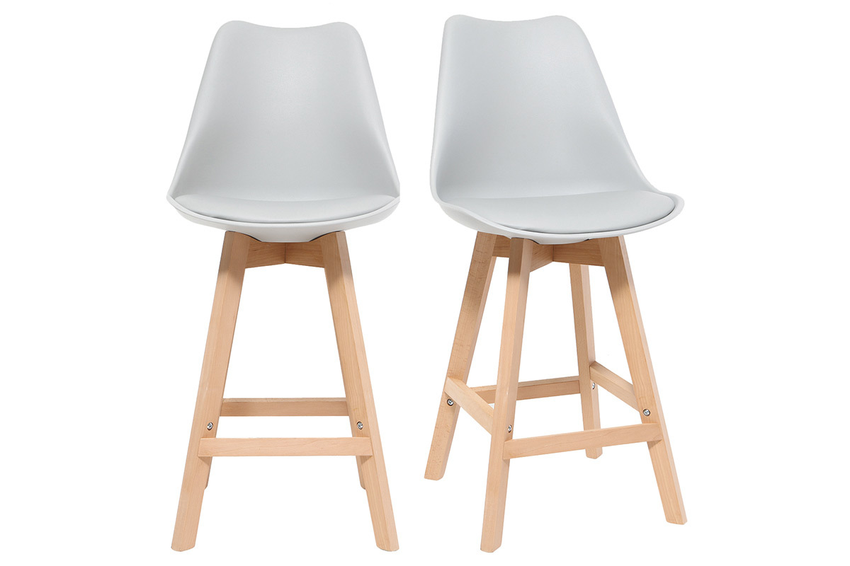 Tabourets de bar design gris clair et bois H65 cm (lot de 2) PAULINE