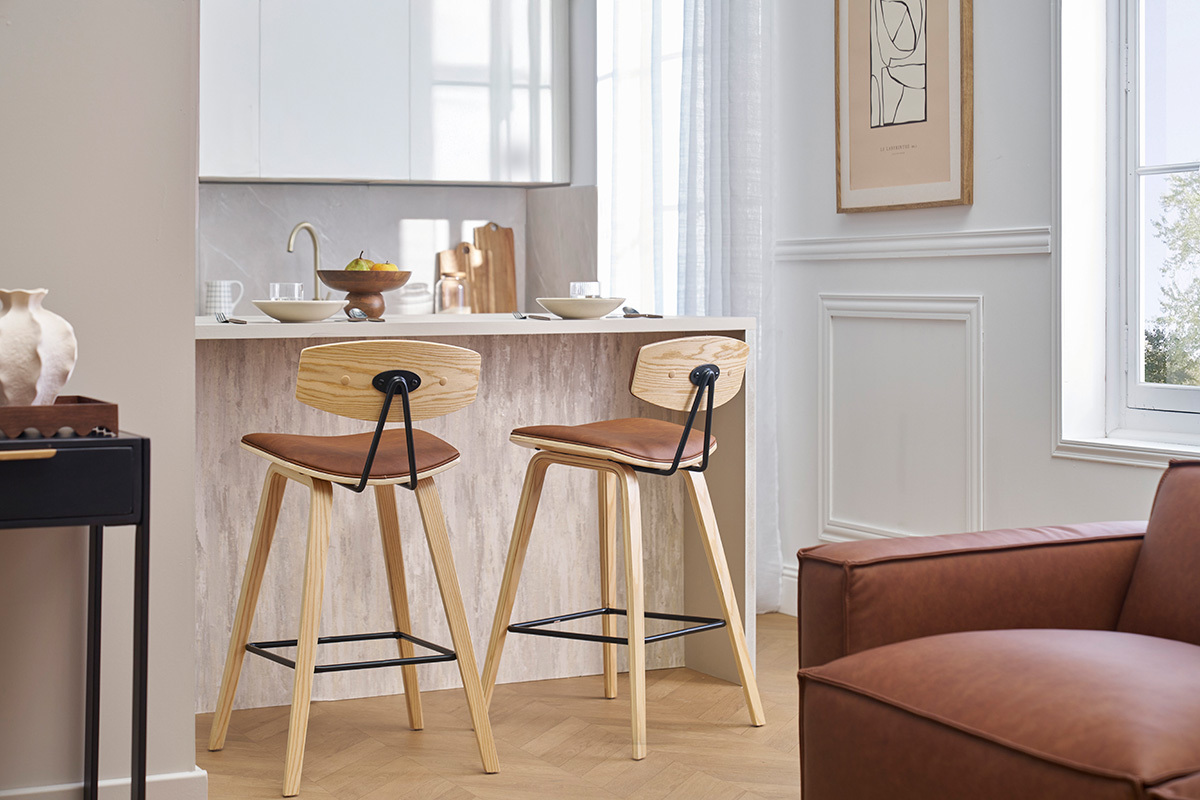 Tabourets de bar design marron et bois clair H69 cm (lot de 2) VASCO