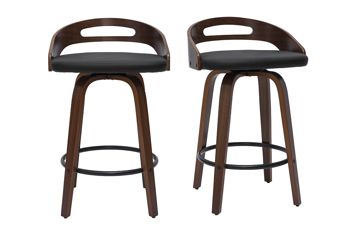 Tabourets de bar design noirs et bois fonc (lot de 2) MANO