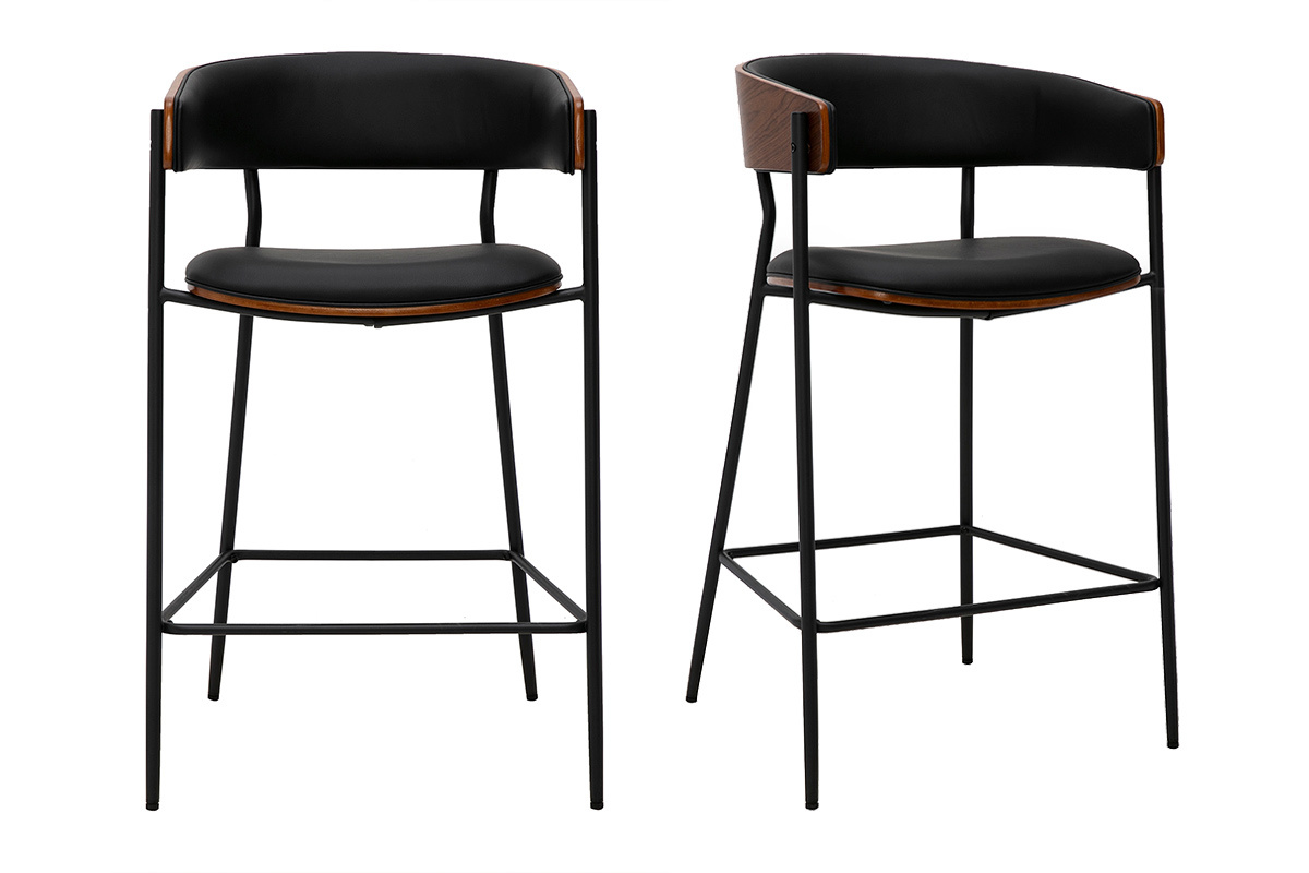 Tabourets de bar design noirs et bois fonc� noyer H66.5 cm (lot de 2) DANTE