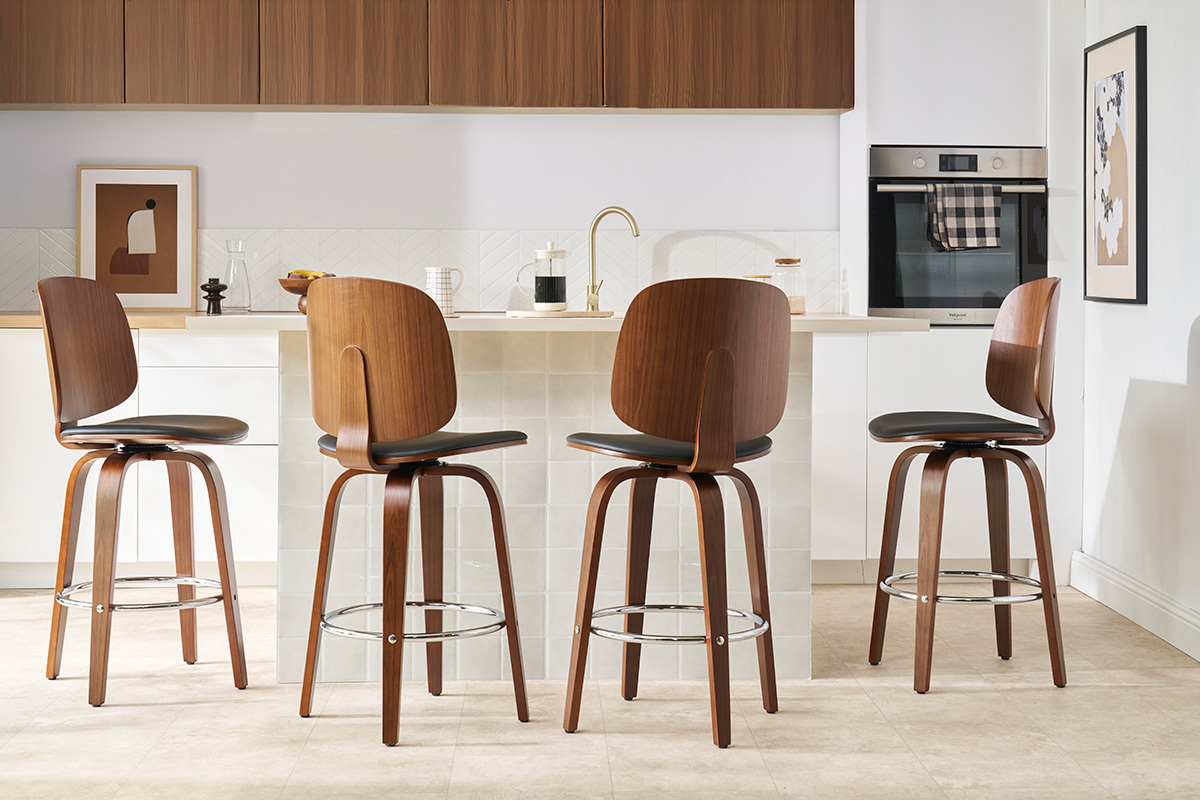 Tabourets de bar design pivotants noirs et noyer H66 cm (lot de 2) BECK