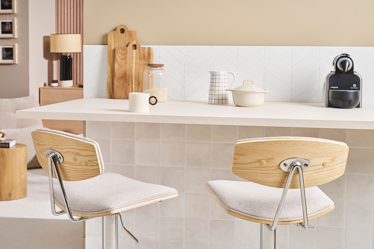 Tabourets de bar design rglables en tissu effet velours textur beige et mtal (lot de 2) VASCO