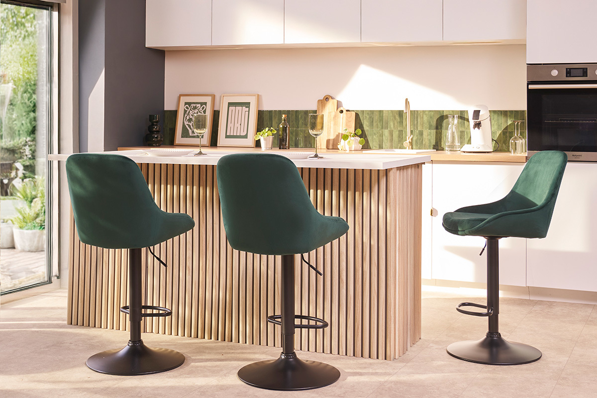 Tabourets de bar design r�glables en tissu velours taupe et m�tal noir 360� (lot de 2) HOLO