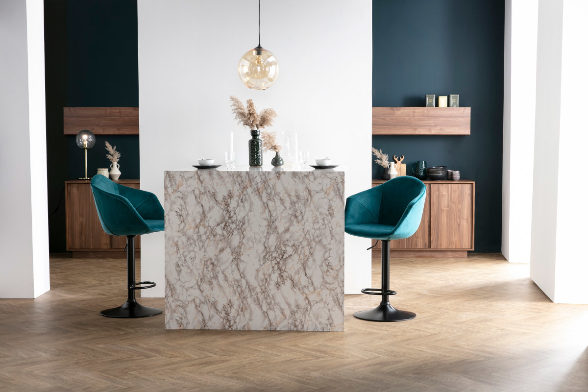 Tabourets de bar design rglables velours bleu ptrole (lot de 2) TAYA