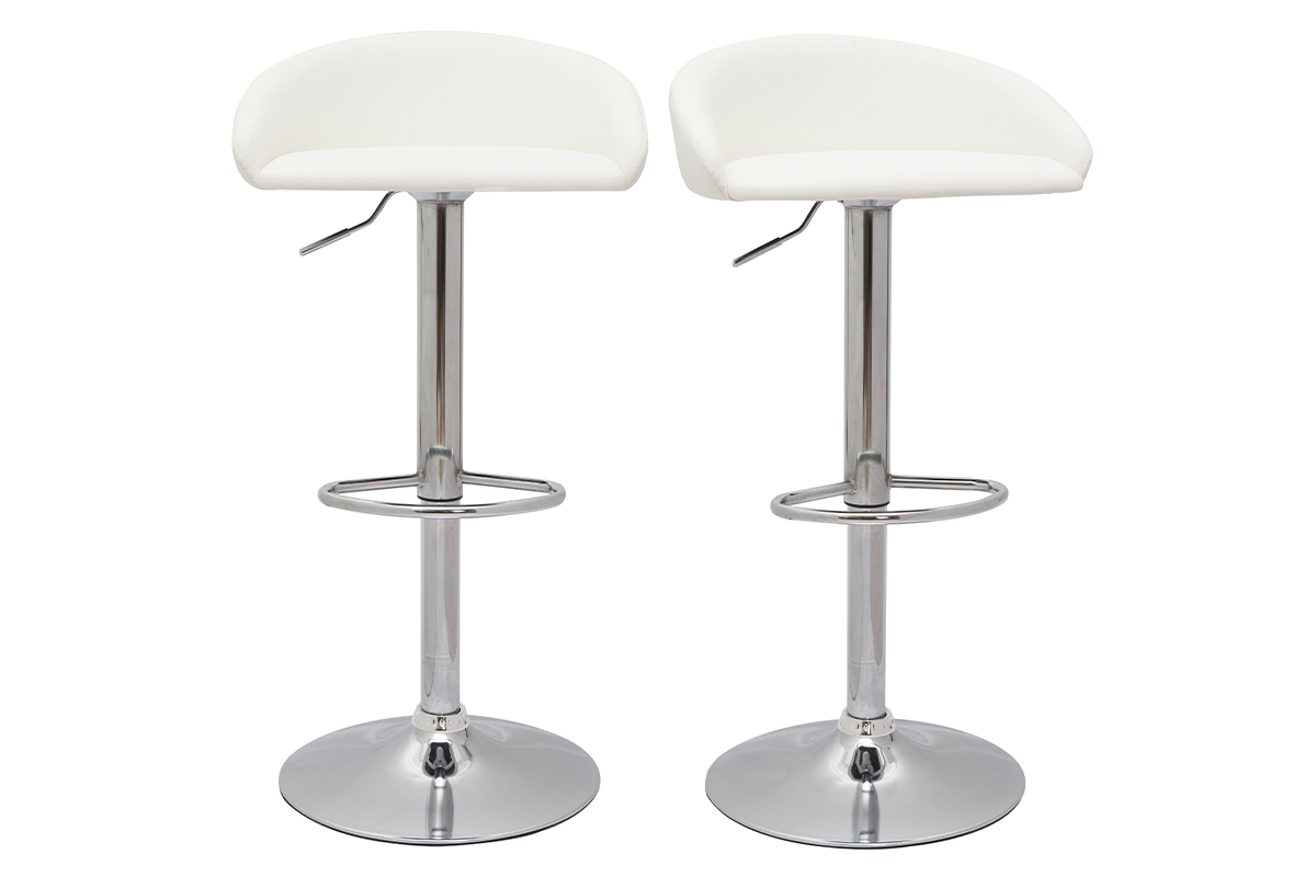 Tabourets de bar design relevables blanc et acier chrom (lot de 2) REYNOLD