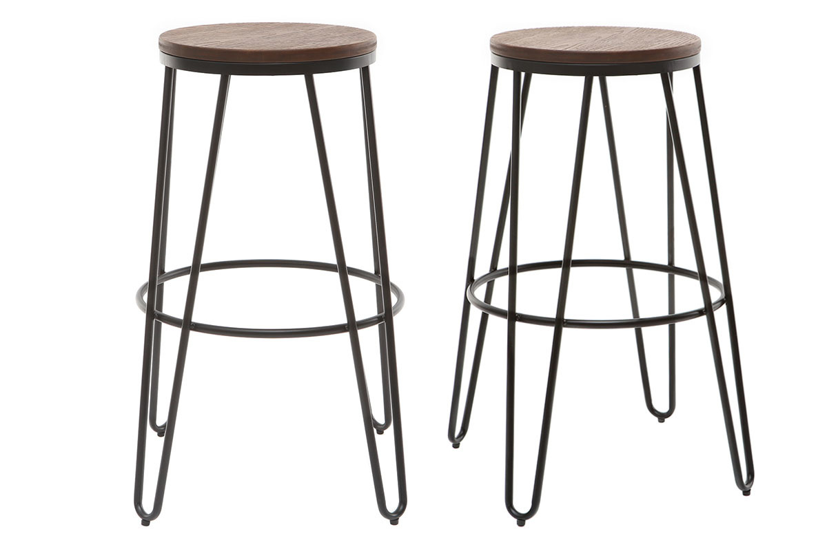 Tabourets de bar empilables en m�tal noir et en bois H75 cm (lot de 2) IGLA
