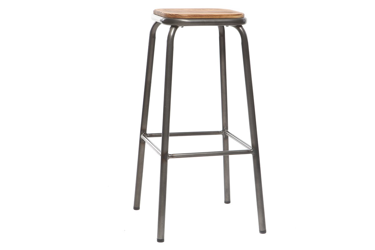 Tabourets de bar empilables m�tal et bois fonc� H75 cm (lot de 2) MEMPHIS