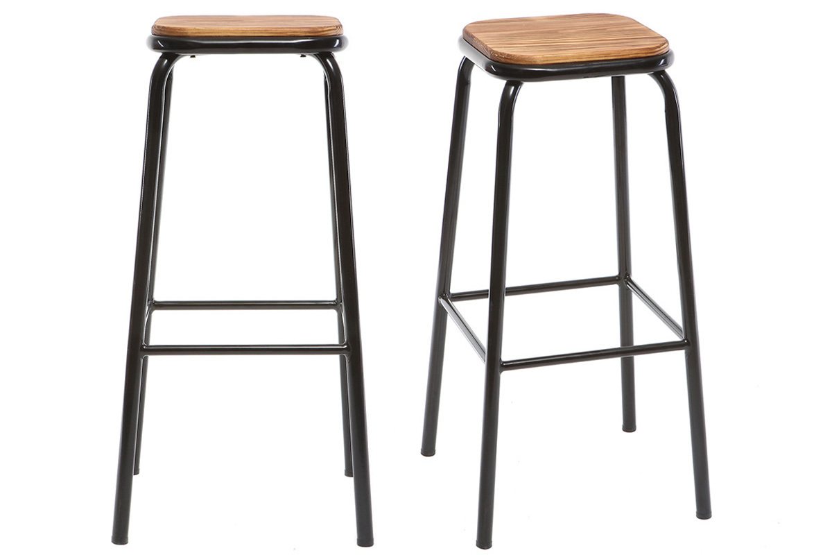 Tabourets de bar empilables noir et bois fonc (lot de 2) MEMPHIS