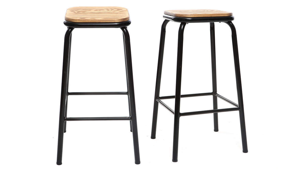 Tabourets de bar empilables noir et bois fonc H65 cm (lot de 2) MEMPHIS