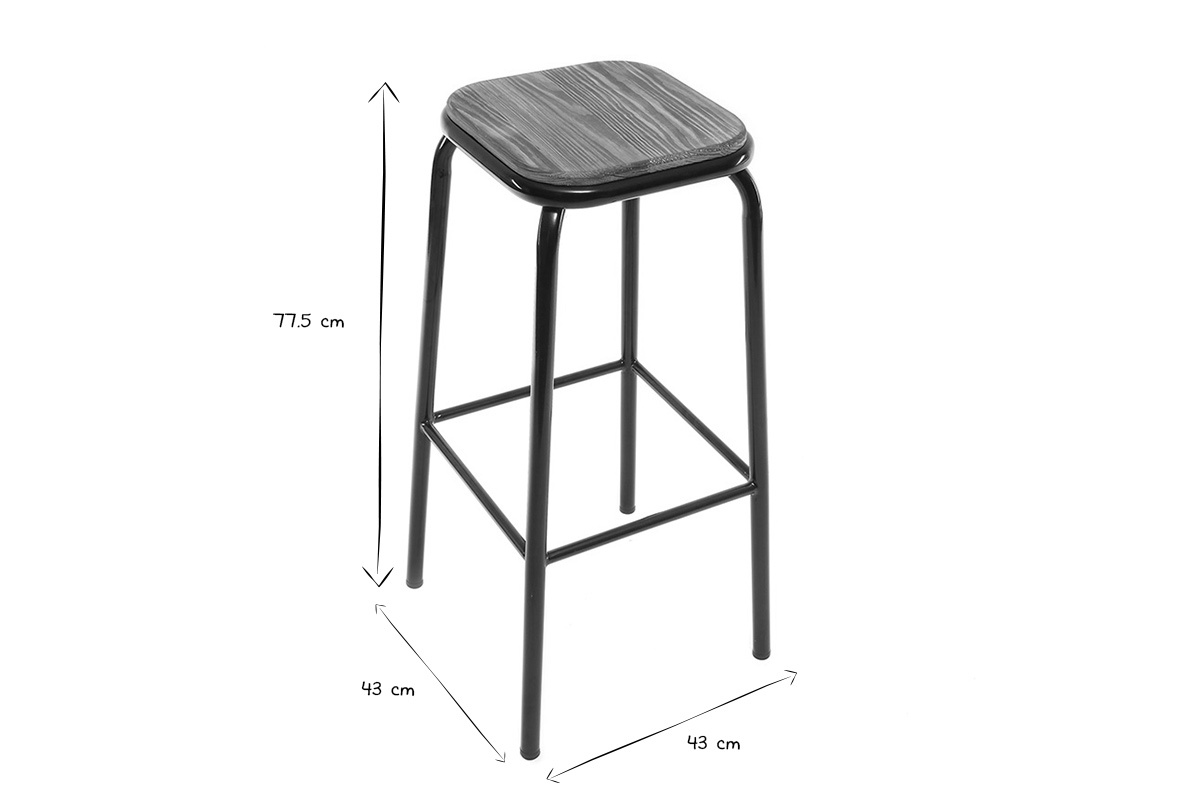 Tabourets de bar empilables noir et bois fonc H77.5 cm (lot de 2) MEMPHIS