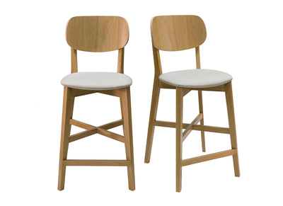 Tabourets de bar en bois clair chêne et tissu beige H65 cm (lot de 2) LUCIA