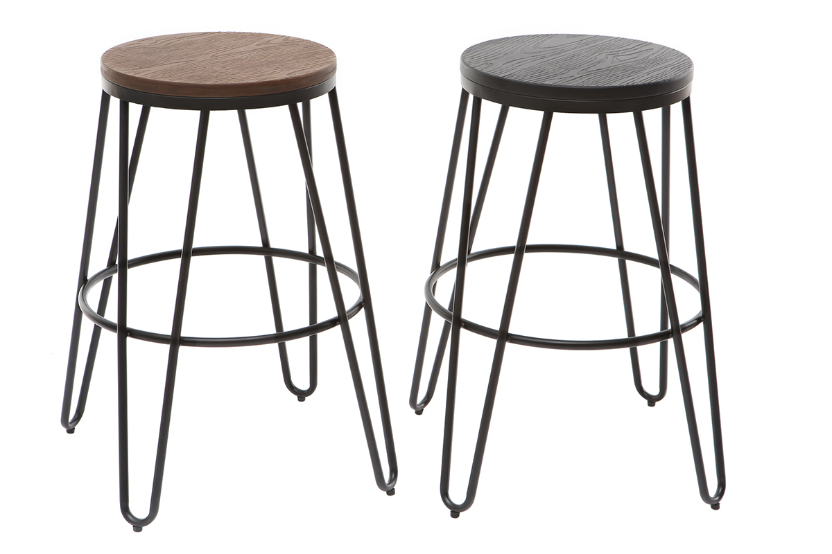 Tabourets de bar en m�tal noir et en bois noir H65 cm (lot de 2) IGLA