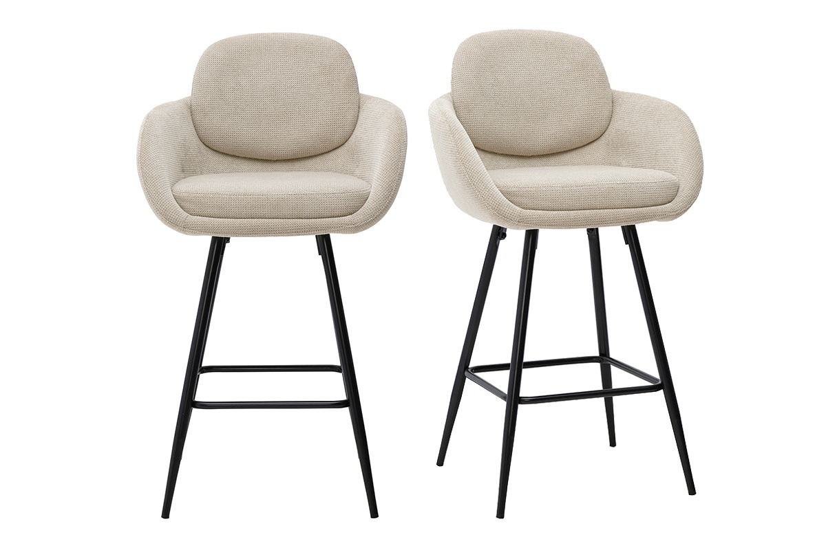 Tabourets de bar en tissu chenille beige et m�tal noir H68.5 cm (lot de 2) SLAKE