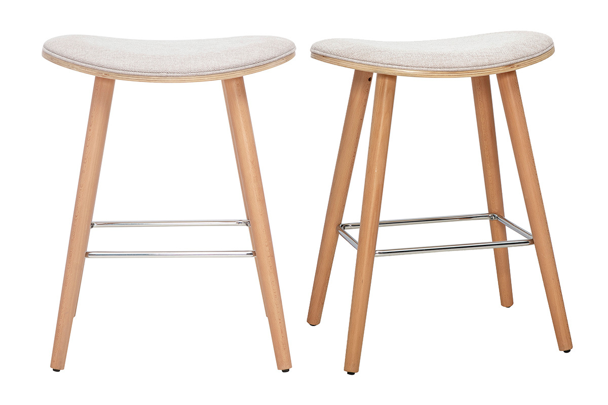 Tabourets de bar en tissu effet velours textur� beige et bois clair H65 cm (lot de 2) MEADOW