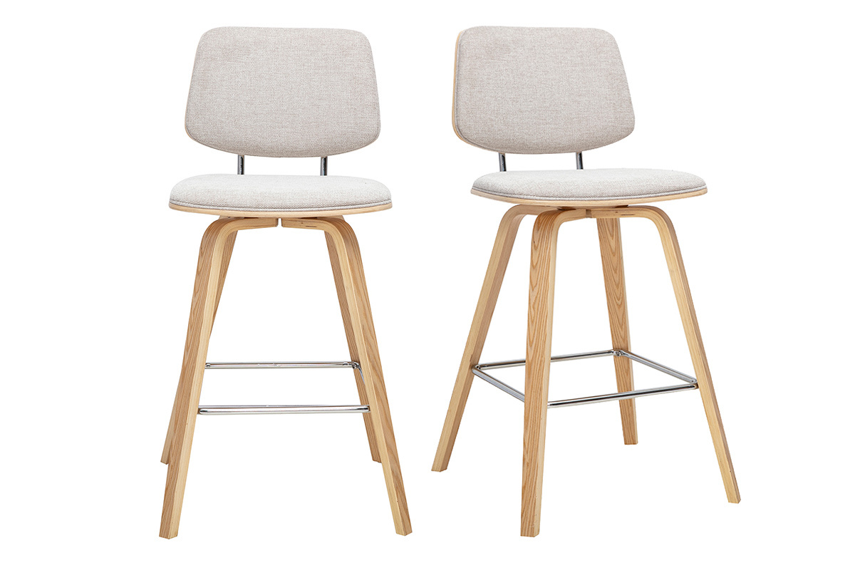 Tabourets de bar en tissu effet velours textur� beige et bois clair H66 cm (lot de 2) SEGUR