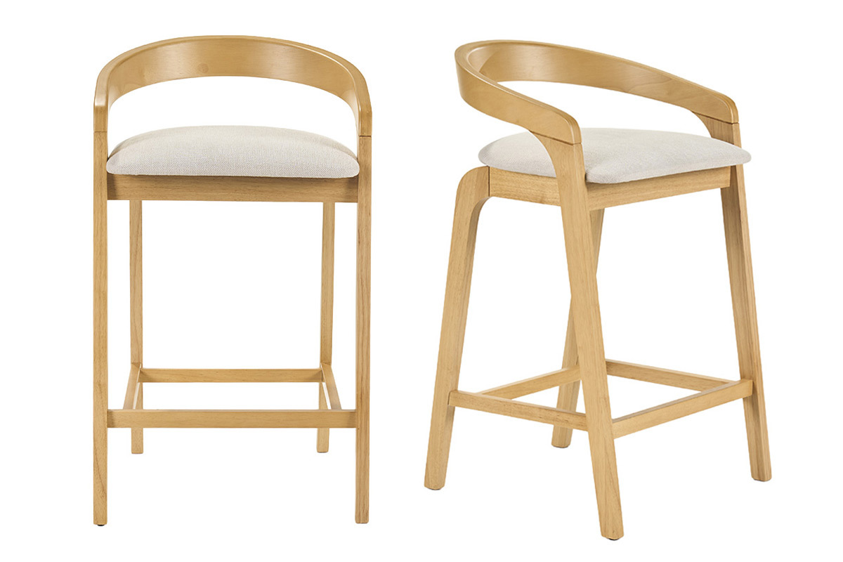Tabourets de bar en tissu effet velours textur� beige et bois clair H68 cm (lot de 2) PULSO