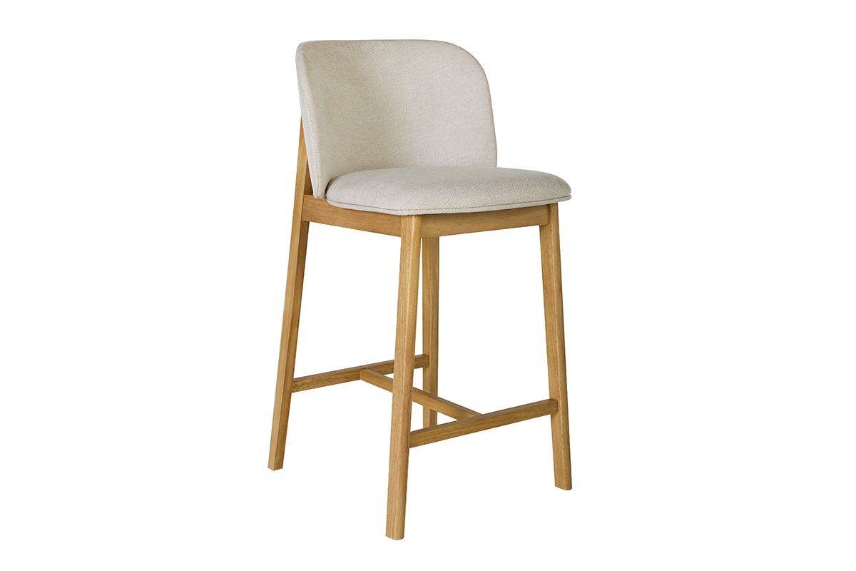 Tabourets de bar en tissu effet velours textur� beige et bois clair H69 cm (lot de 2) TIEGA