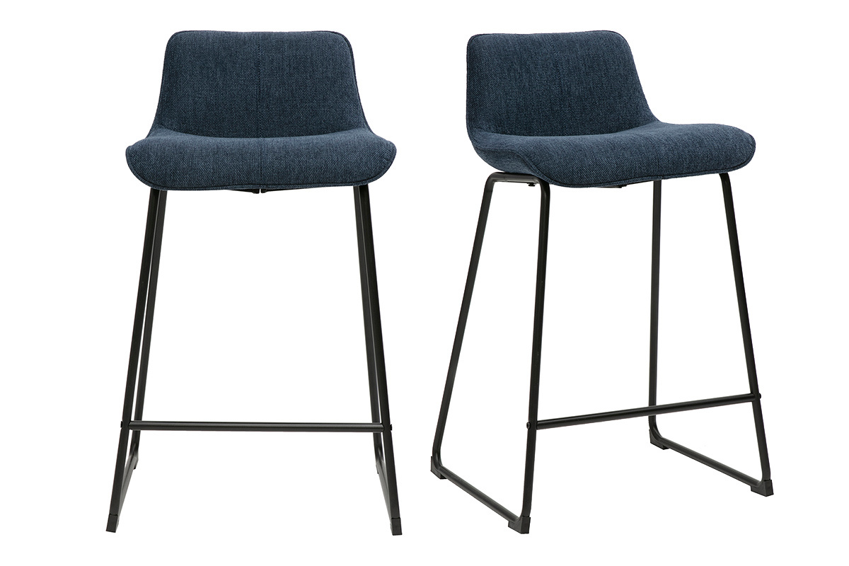 Tabourets de bar en tissu effet velours textur bleu fonc et mtal H65 cm (lot de 2) BOOST