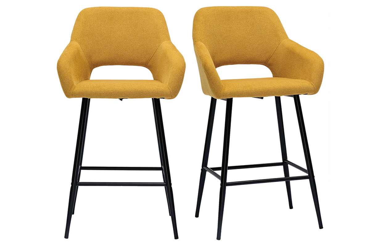 Tabourets de bar en tissu effet velours textur jaune moutarde et mtal H65 cm (lot de 2) LAURETTE