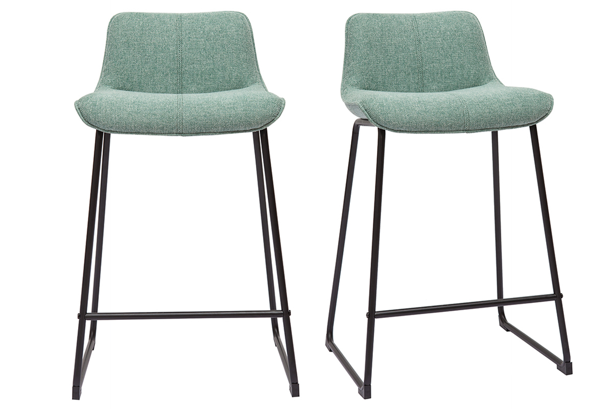 Tabourets de bar en tissu effet velours textur vert cladon et mtal noir H65 cm (lot de 2) BOOST