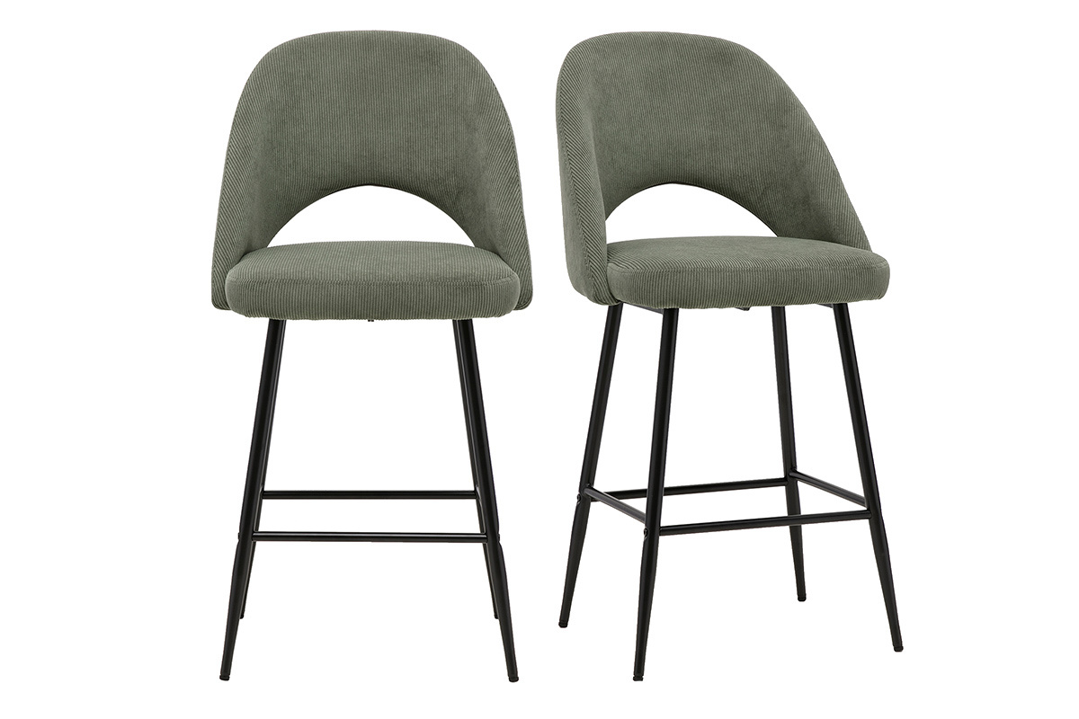 Tabourets de bar en tissu velours c�tel� vert kaki H65 cm (lot de 2) COSETTE