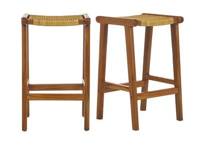 Tabourets de bar ethniques en bois teck massif et cannage rotin H65 cm (lot de 2) GAWA