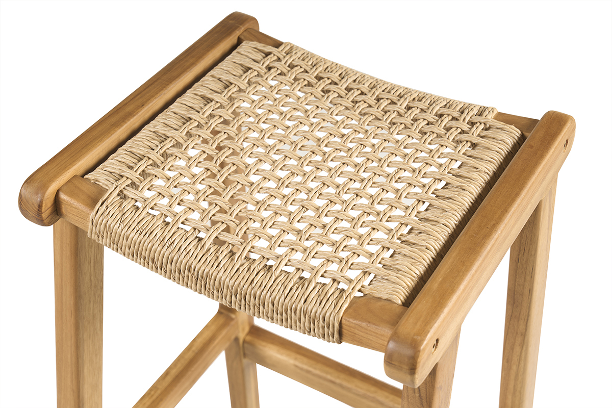 Tabourets de bar ethniques ext�rieur en bois teck massif et cannage rotin H66 cm (lot de 2) GAWA