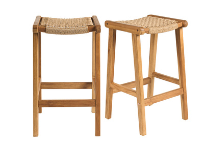 Tabourets de bar ethniques ext&eacute;rieur en bois teck massif et cannage rotin H66 cm (lot de 2) GAWA