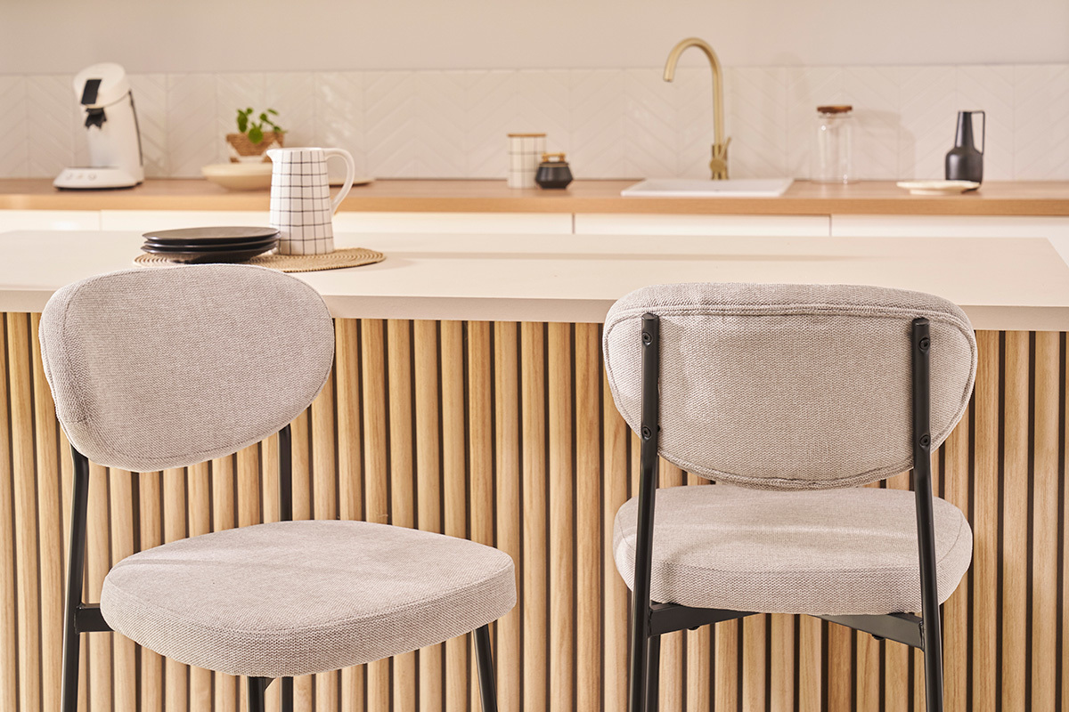 Tabourets de bar fixes en tissu effet velours textur beige  (lot de 2) BREKA