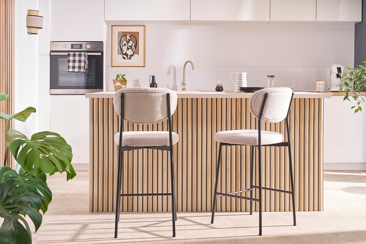 Tabourets de bar fixes en tissu effet velours textur beige  (lot de 2) BREKA