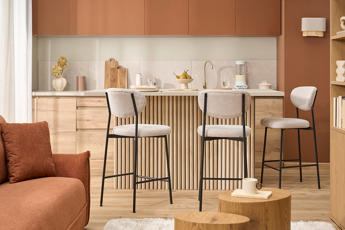 Tabourets de bar fixes en tissu effet velours textur� beige H65 cm (lot de 2) BREKA