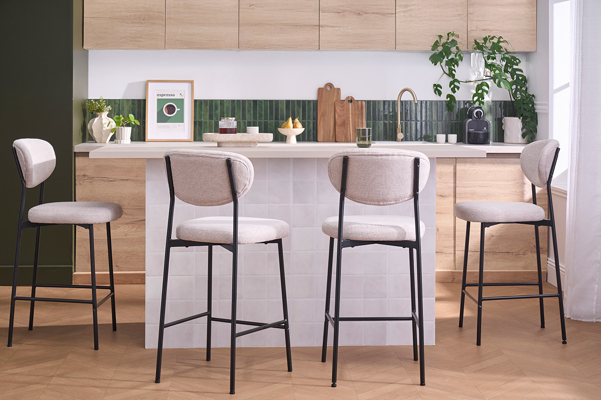 Tabourets de bar fixes en tissu effet velours textur� beige H65 cm (lot de 2) BREKA