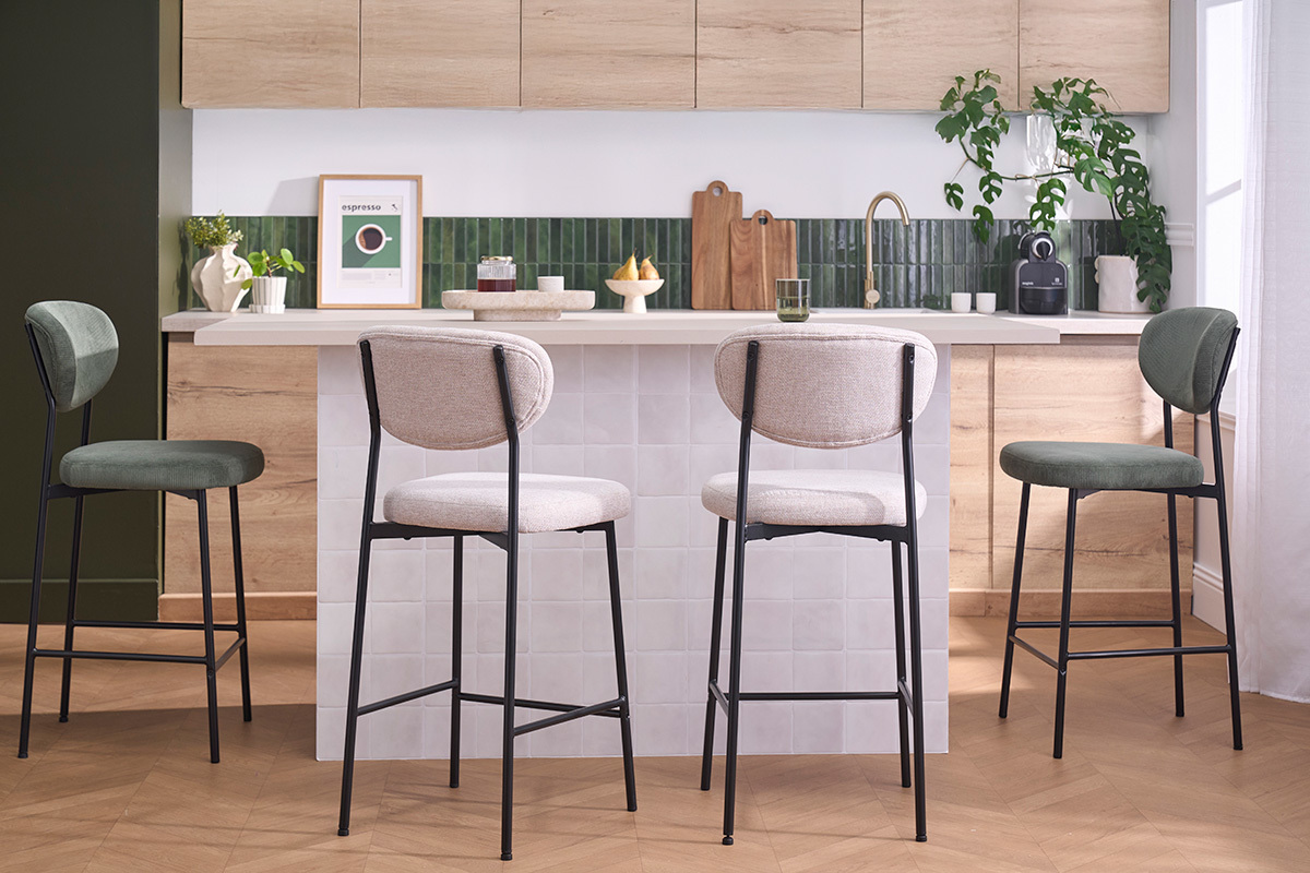 Tabourets de bar fixes en tissu effet velours textur� beige H65 cm (lot de 2) BREKA