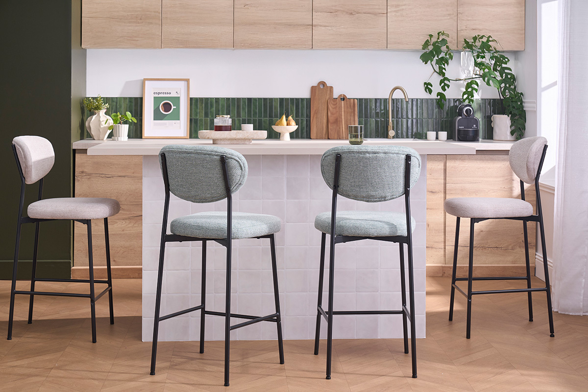 Tabourets de bar fixes en tissu effet velours textur� vert c�ladon H65 cm (lot de 2) BREKA