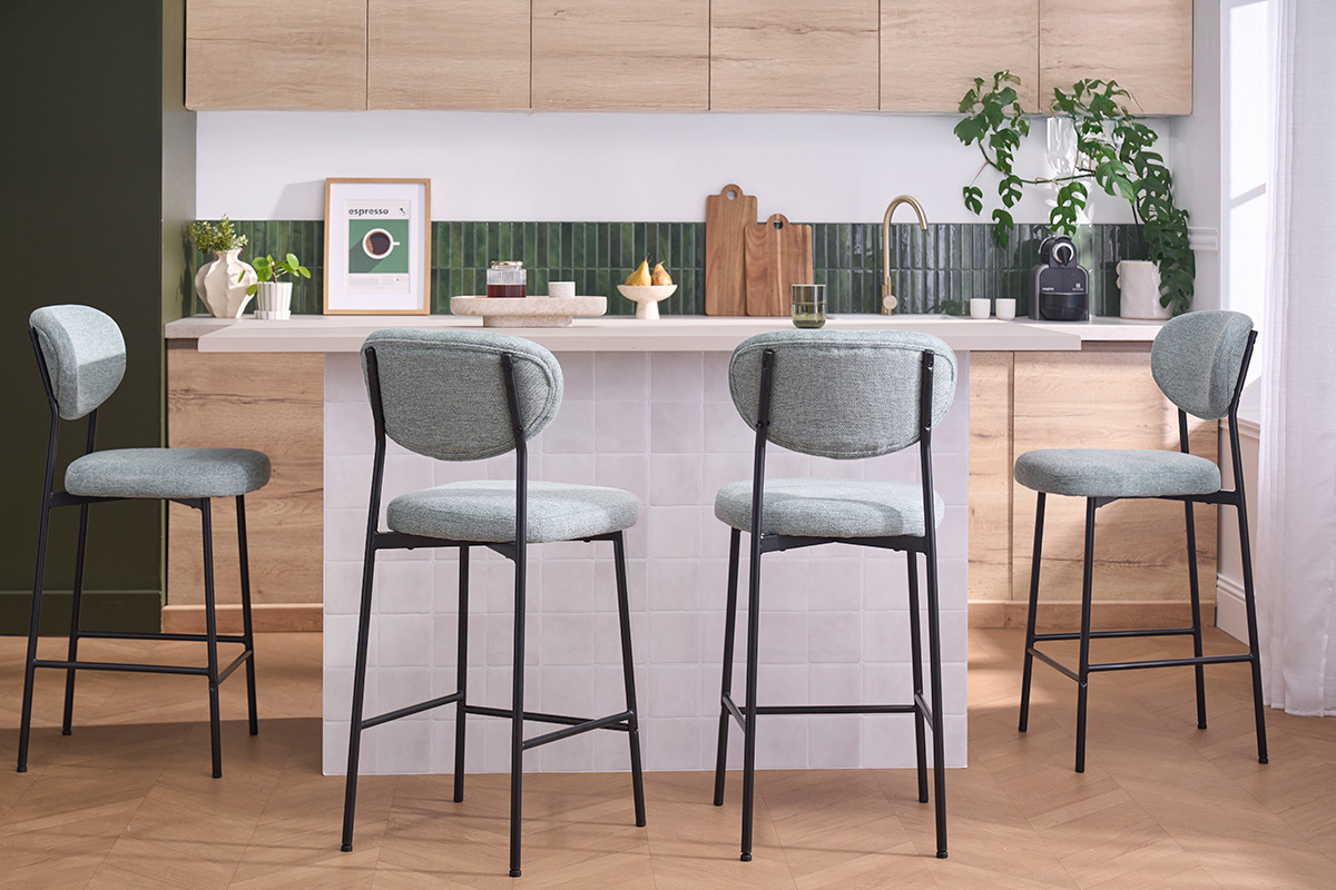 Tabourets de bar fixes en tissu effet velours textur� vert c�ladon H65 cm (lot de 2) BREKA